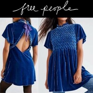 FREE PEOPLE GUM DROP RIVER BLUE VELVET SHORT BALLOON SLEEVE  SMOCKED MINI DRESS